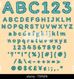 Modern geometric digital font with green wire mesh letters and polygonal shapes Stock Vector