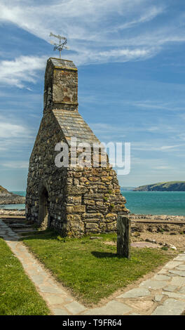 Remains of the church of St Brynach at Cwm yr Eglwys, after huge storms around 1850. The village is at the mouth of a creek on the north Pembs Coast Stock Photo