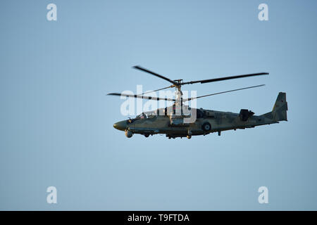 Krasnodar, Russia - May 2019 Helicopter KA-52 Alligator NATO - Hokum B conduct training flights. The machine can hit armored and unarmored vehicles, m Stock Photo
