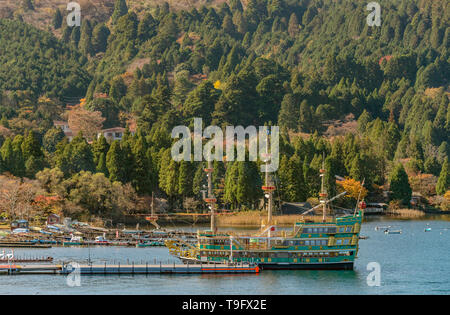 Lake Ashi (Ashinoko) sightseeing pirate ship Victory at the harbour of Moto-Hakone, Japan Stock Photo