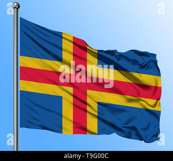 Aland Islands flag waving in the deep blue sky background. Isolated national flag. Macro view shot. Stock Photo