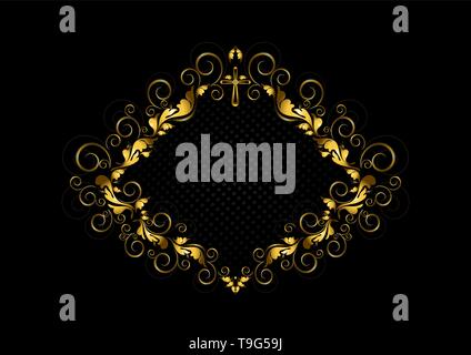 Vintage gold frame with floral pattern of dashed curls and cross on patterned background Stock Vector
