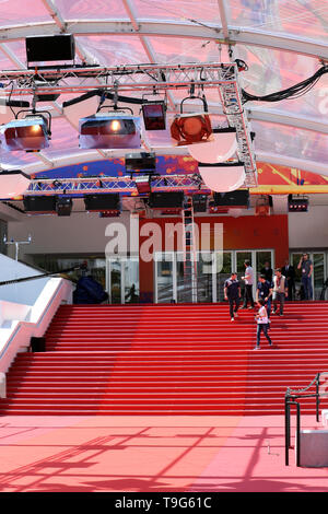 Cannes, France - May 14, 2019: Famous Red Carpet Stairway At Palais Des Festivals Et Des Congres Before Opening Ceremony Of The Cannes Film Festival 2 Stock Photo