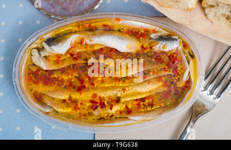 Preserved sardines marinated with spices in plastic container Stock Photo