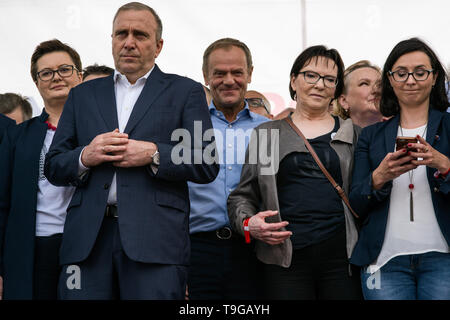 Grzegorz Schetyna - leader of Citizens Platform (PO), Donald Tusk - President of the European Council, Ewa Kopacz - former Prime Minister are seen on stage during the march. The march 'Poland in Europe' (Polska w Europie), was organized by the European Coalition (Koalicja Europejska) an alliance of political parties. The march was led by the leaders of the opposition parties and the President of the European Council, Donald Tusk. Unofficially, the March for Europe gathered about 45 thousand people. Stock Photo