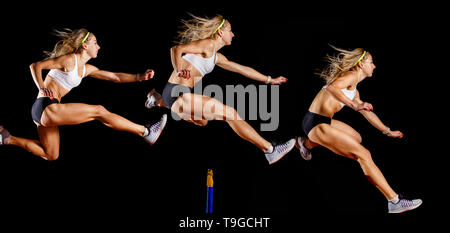 Muscular sportswoman jumping over hurdle on sprint race isolated on black background. Track and field event concept image Stock Photo