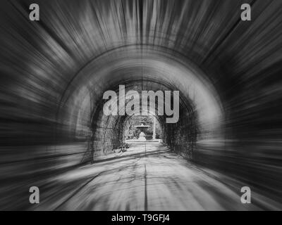 Abstract black and white scene, motion blur effect, of a tunnel alley in the Orangerie park in Strasbourg, France. Stock Photo