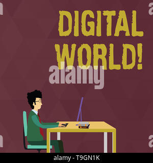 Writing note showing Digital World. Business concept for Inter connected through digital devices and social media Businessman Sitting on Chair Working Stock Photo
