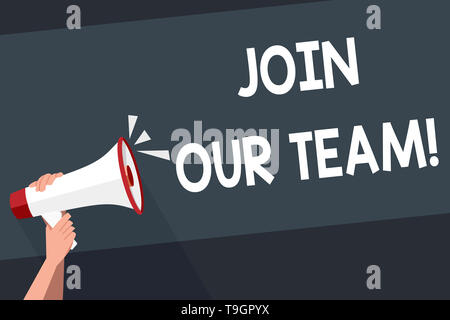Word writing text Join Our Team. Business photo showcasing inviting someone into your local group or company Human Hand Holding Tightly a Megaphone wi Stock Photo