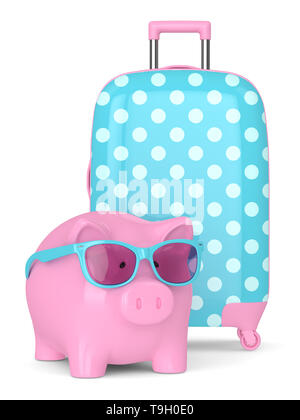 3d render of piggy bank with suitcase over white background Stock Photo