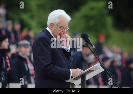 Cassino, Italy - May 18, 2019: The speech of the President of the Italian Republic Sergio Mattarella in the Polish military cemetery for the 75th anniversary of the Battle of Montecassino Stock Photo