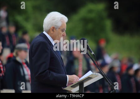 Cassino, Italy - May 18, 2019: The speech of the President of the Italian Republic Sergio Mattarella in the Polish military cemetery for the 75th anniversary of the Battle of Montecassino Stock Photo