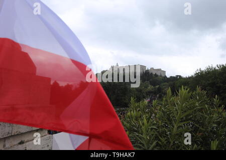 Cassino, Italy - May 18, 2019: The flag of the Republic of Poland flies in front of the Abbey of Montecassino on the occasion of the 75th anniversary of the Battle Stock Photo