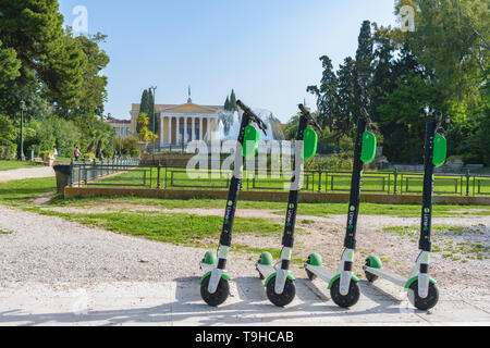 Athens, Greece - April 28 2019: Lime-S electric scooters parked outside Zappeion at Athens city center Stock Photo