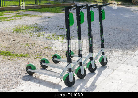 Athens, Greece - April 28 2019: Lime-S electric scooters parked outside Zappeion at Athens city center Stock Photo