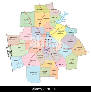 administrative and political road map of the Atlanta metropolitan area georgia Stock Vector