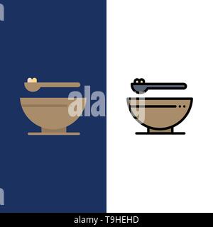 Bowl, Food, Kitchen, Madrigal  Icons. Flat and Line Filled Icon Set Vector Blue Background Stock Vector