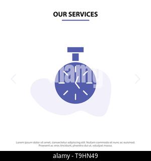 Our Services Stopwatch, Time, Timer, Count Solid Glyph Icon Web card Template Stock Vector