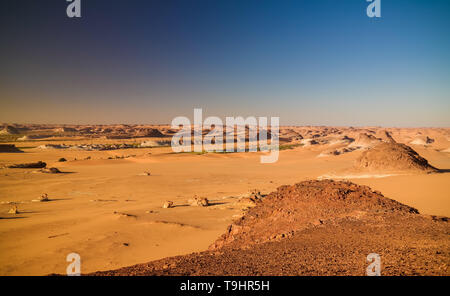 Panoramic Aerial view to Djiara, Ahoita, Daleyala and Boukkou lakes group of Ounianga Serir lakes at sunset , Ennedi, Chad Stock Photo