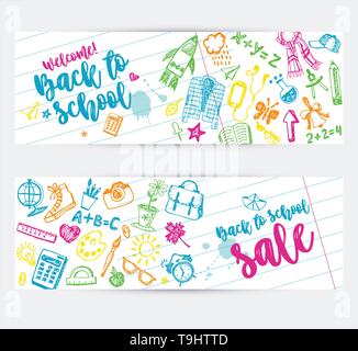 Back to school promo banner design. Vector background color crayons and pencils. Hand drawn doodle sketches with school goods. Stock Vector