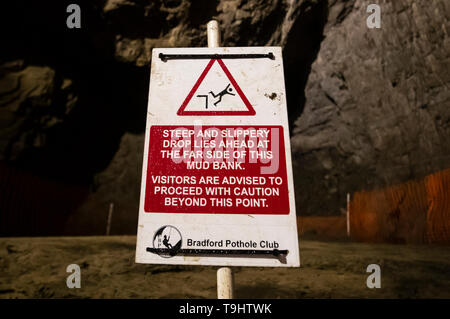A sign inside Gaping Gill, the largest cavern in Britain, situated in Yorkshire Dales National Park, ahead of its opening the public next weekend. Stock Photo