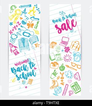Back to school promo banner design. Vector background color crayons and pencils. Hand drawn doodle sketches with school goods. Stock Vector