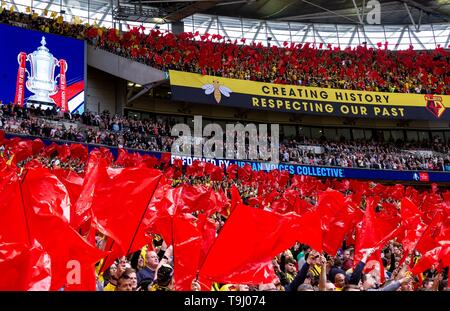 London, UK. 18th May, 2019. Watford fans during the FA CUP FINAL match between Manchester City and Watford at Wembley Stadium, London, England on 18 May 2019. Photo by Andy Rowland. Credit: PRiME Media Images/Alamy Live News Stock Photo
