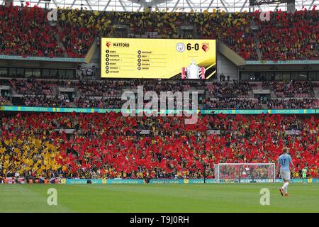 London, UK. 18th May, 2019. The scoreline during the FA Cup Final match between Manchester City and Watford at the Etihad Stadium on May 18th 2019 in Manchester, England. Credit: PHC Images/Alamy Live News Stock Photo