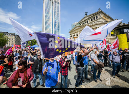 Frankfurt, Germany. 19th May, 2019. The participants of the demonstration waving their flags on the Opera Square. Under the motto 'A Europe for All - Your Voice Against Nationalism', more than 150 organisations in Germany and European cities are calling for demonstrations. Credit: dpa picture alliance/Alamy Live News Stock Photo