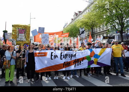 Vienna, Austria. 19th May 2019. Europe-wide demonstration for the EU elections. The demonstration in Vienna starts on 19th May 2019 at the Christan Broda square. The demonstration was against nationalist parties and authoritarian politics in the European Union. The picture shows a banner with the inscription "One Europe for all". Credit: Franz Perc/Alamy Live News Stock Photo