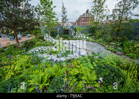 London, UK. 19th May 2019. Space to Grow, Manchester Garden - Press preview day at The RHS Chelsea Flower Show. Credit: Guy Bell/Alamy Live News Stock Photo