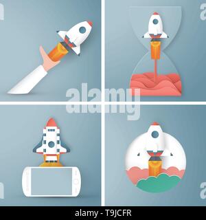 Vector illustration with start up concept in paper cut, craft and origami style. Rocket is flying on blue sky. Template design for web banner, poster, Stock Vector