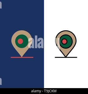 Location, Map, Bangladesh  Icons. Flat and Line Filled Icon Set Vector Blue Background Stock Vector