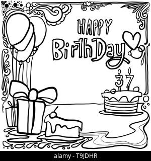 Doodle and Ornament drawing about happy birthday concept in black and white line art Stock Vector