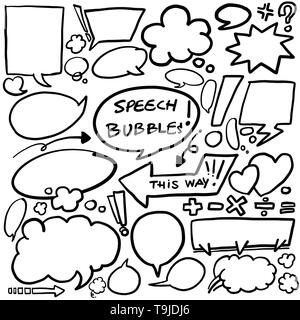 Drawing Black lines speech bubbles for comic or insert words inside blank frames as thinking, speaking and planing Stock Vector