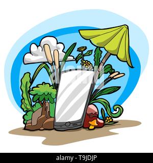 Drawing vector of Smartphone lay back on stone with umbrella as vacation in nature. This concept mean for technology environmental freindly Stock Vector