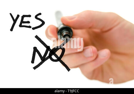 Detail of male hand choosing yes sign over no sign on a glass board. Stock Photo