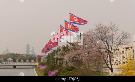 The flag of North Korea waving in the wind with slight vignetting for dramatic effect. Stock Photo