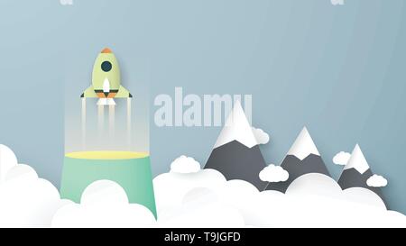 Vector illustration with start up concept in paper cut, craft and origami style. Rocket is flying. Template design for web banner, poster, cover, adve Stock Vector