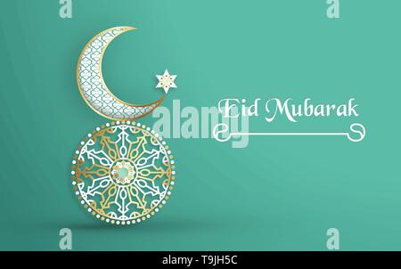 Template for Eid Mubarak with green and gold color tone. 3D Vector illustration in paper cut and craft  for islamic greeting card, invitation, book co Stock Vector