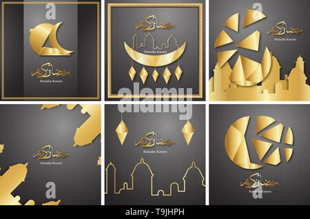 Bundle template for Ramadan Kareem with black and gold color. 3D Vector design in paper cut and craft  for islamic greeting card, invitation, book cov Stock Vector