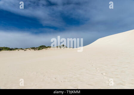 Footprints on the sand of the Little Sahara desert on Kangaroo Island, Southern Australia, with blue skies in the background Stock Photo