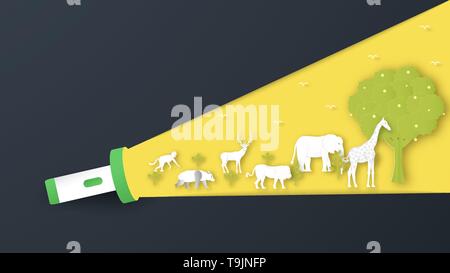 Wildlife animals with manipulation concept. Minimalism deign in paper cut and craft style. Art digitalcraft for world environment day. Stock Vector