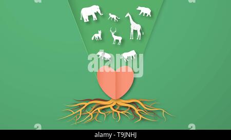 Wildlife animals with manipulation concept. Minimalism deign in paper cut and craft style. Art digitalcraft for world environment day. Stock Vector