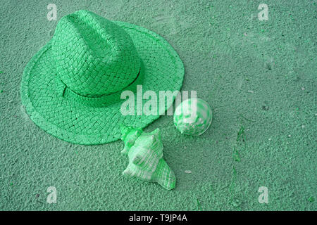 One straw hat with two types of beautiful seashells on the sand beach in mint green color tone Stock Photo