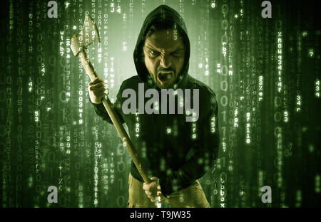 Masked and armed anonymous hacker breaking in cyber security cloud data concept  Stock Photo