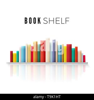 Bookshelf lined with books in retro color with reflection. Vector illustration isolated on white background Stock Vector