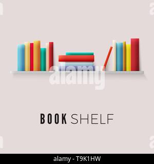Bookshelf with books on wall. Stack of paper books in retro cover color. Vector illustration Stock Vector