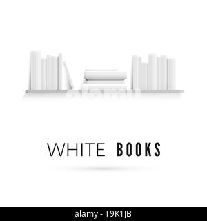 Mockup of bookshelf with blank white books on wall. Realistic stack of paper books. Vector illustration Stock Vector