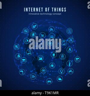 Internet of things. IOT concept. Global network connection. Monitoring and control smart systems icons on global network and map background. Vector il